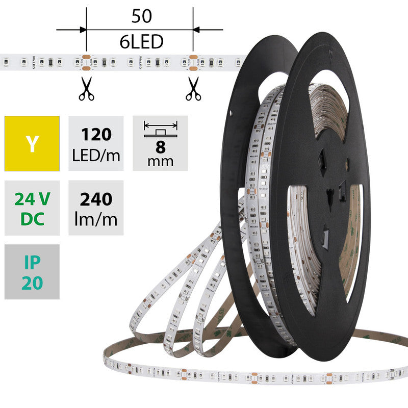 LED-Streifen in Gelb mit 240 Lumen und 9,6 Watt je Meter bei 24 Volt, IP20