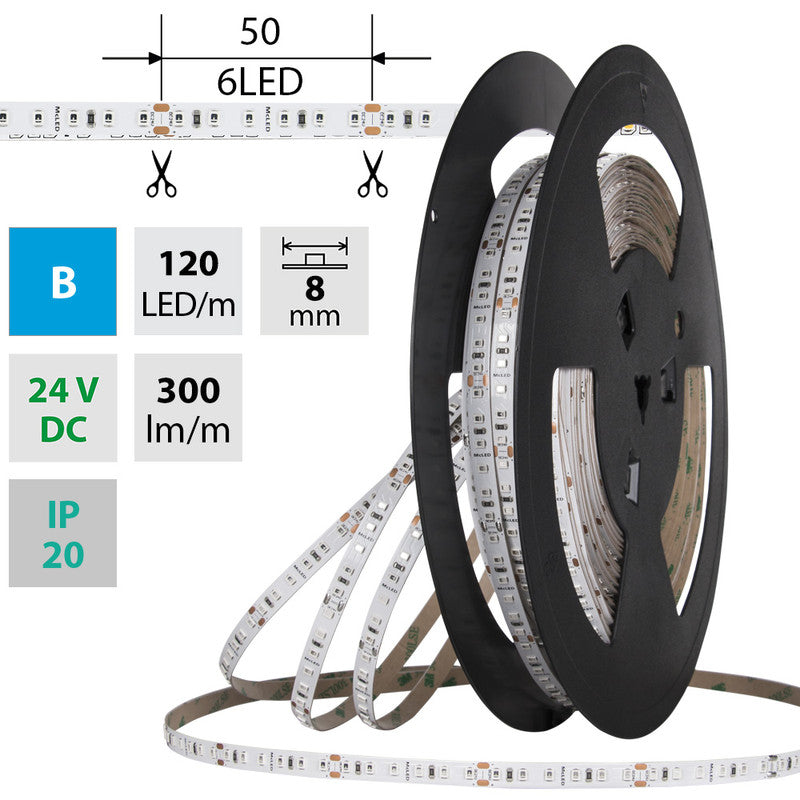 LED-Streifen in Blau mit 300 Lumen und 9,6 Watt je Meter bei 24 Volt, IP20