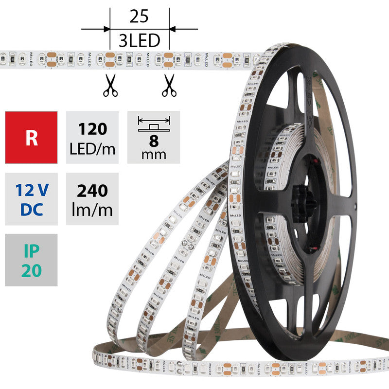 LED-Streifen in Rot mit 240 Lumen und 9,6 Watt je Meter bei 12 Volt, IP20