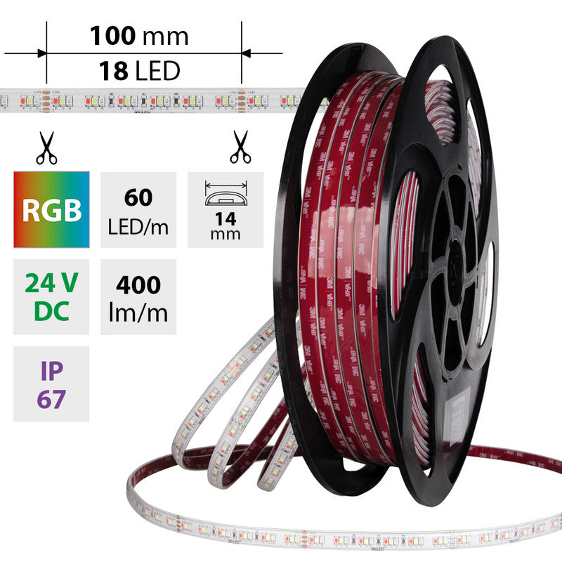 LED-Streifen RGB mit 9,6 Watt und 400 Lumen je Meter bei 24 Volt, IP67