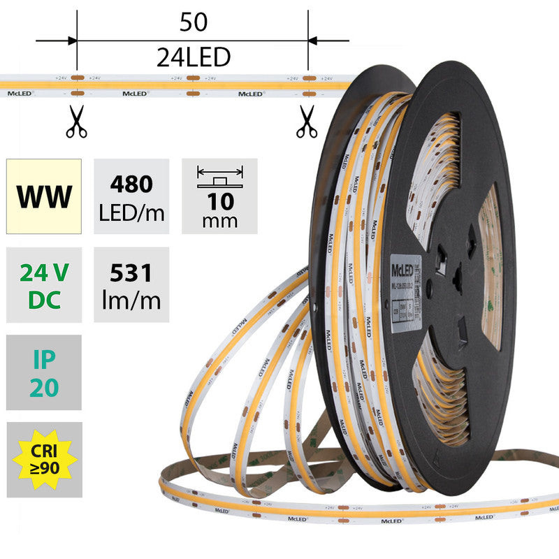LED-Streifen COB in Warmweiß mit 5 Watt und 550 Lumen je Meter bei 24 Volt, IP20