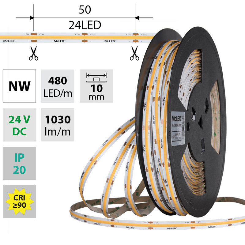 LED-Streifen COB in Neutralweiß mit 10 Watt und 1105 Lumen je Meter bei 24 Volt, IP20