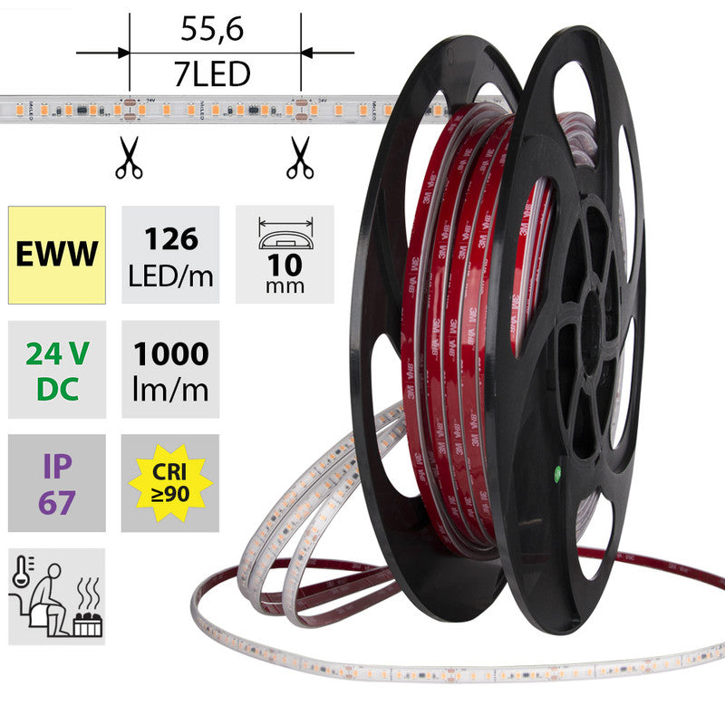 LED-Streifen in Extra Warmweiß mit 1000 Lumen und 9,6 Watt je Meter bei 24 Volt, IP67