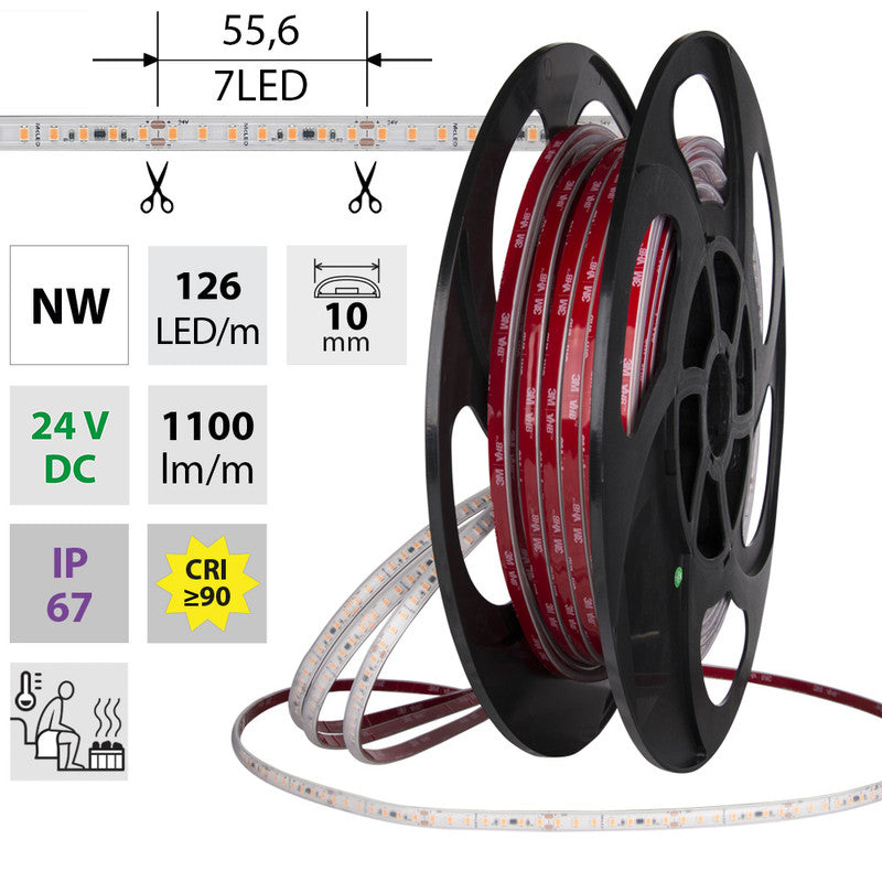 LED-Streifen in Neutralweiß mit 1100 Lumen und 9,6 Watt je Meter bei 24 Volt, IP67