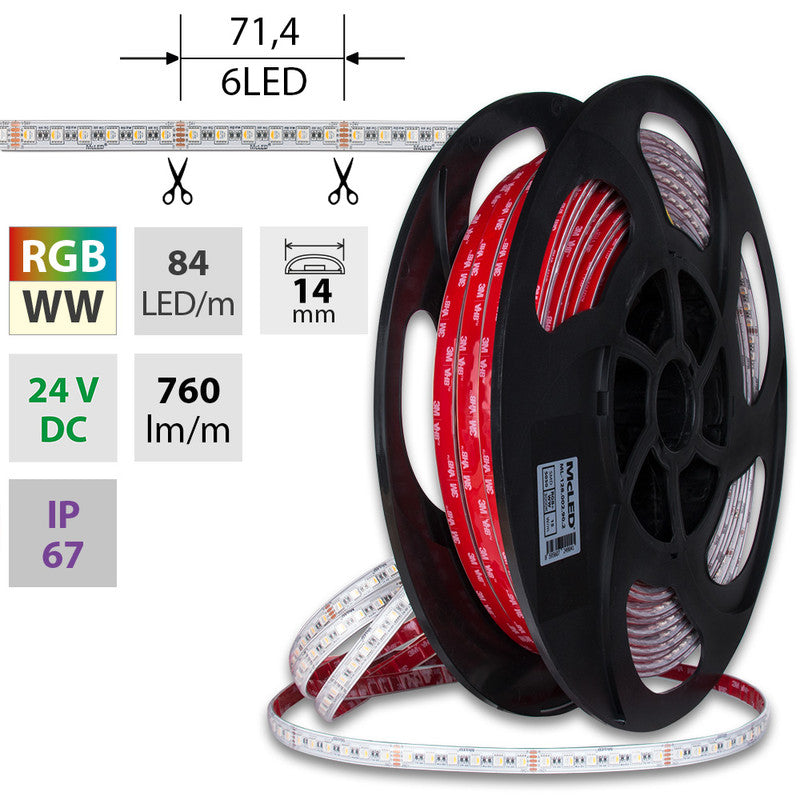 LED-Streifen RGB + Warmweiß mit 15 Watt und 790 Lumen je Meter bei 24 volt, IP67