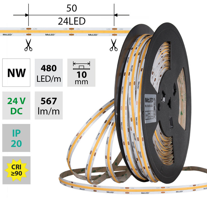 LED-Streifen COB in Neutralweiß mit 5 Watt und 567 Lumen je Meter bei 24 Volt, IP20