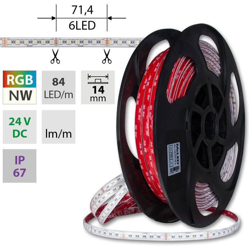 LED-Streifen RGB + Neutralweiß mit 15 Watt und 800 Lumen je Meter bei 24 Volt, IP67