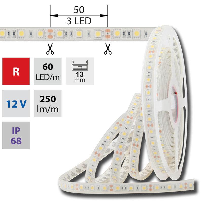 LED-Streifen in Rot mit 250 Lumen und 14,4 Watt je Meter bei 12 Volt, IP68