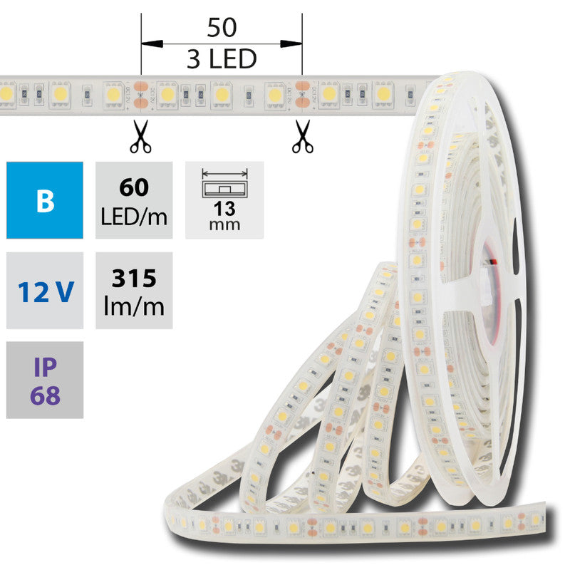 LED-Streifen in Blau mit 315 Lumen und 14,4 Watt je Meter bei 12 Volt, IP68