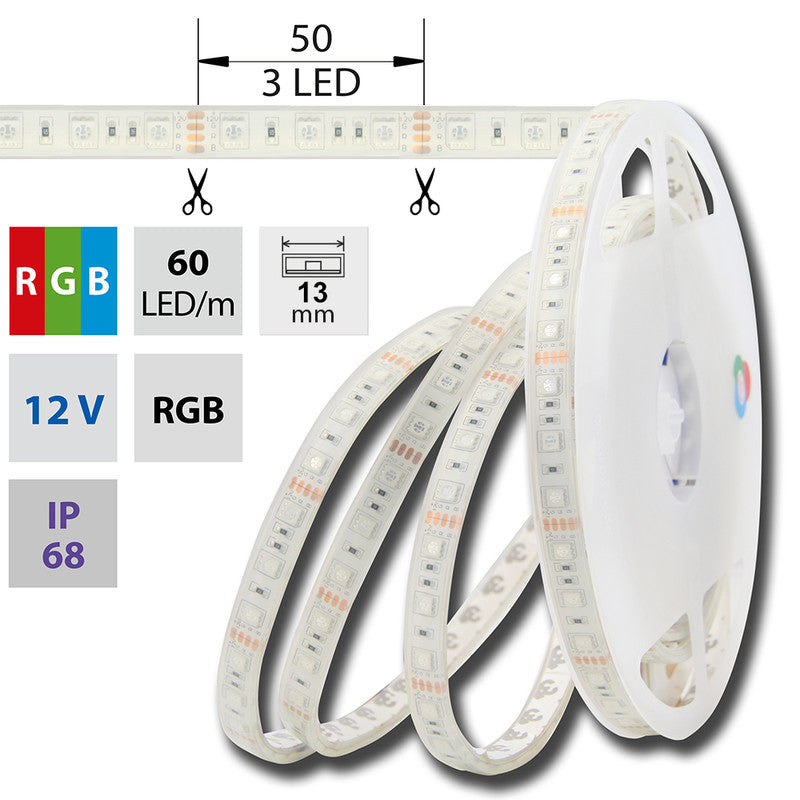 LED-Streifen RGB mit 14,4 Watt und 483 Lumen je Meter bei 12 Volt, IP68