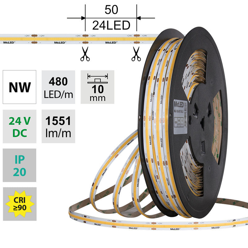 LED-Streifen COB in Neutralweiß mit 15 Watt und 1551 Lumen je Meter bei 24 Volt, IP20