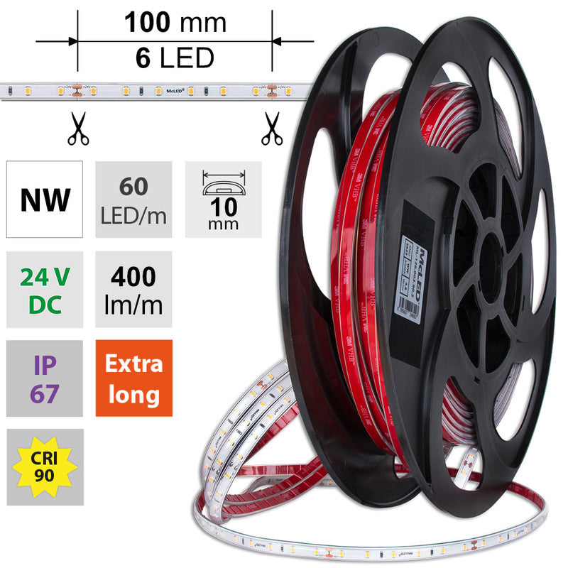 LED-Streifen in Neutralweiß mit 400 Lumen und 4,8 Watt je Meter bei 24 Volt, IP67