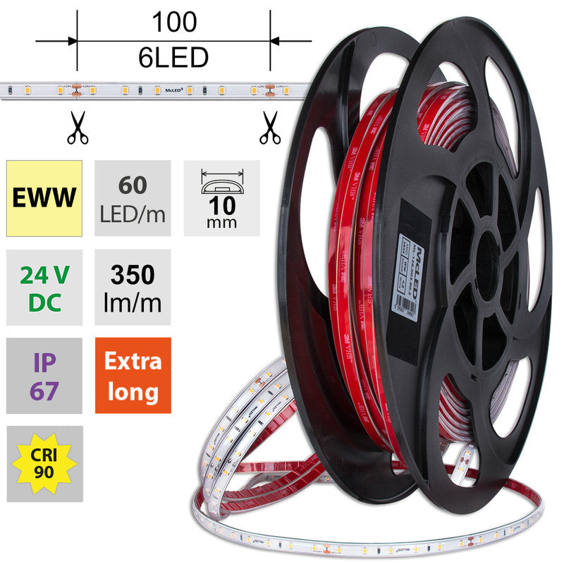 LED-Streifen in Extra Warmweiß mit 350 Lumen und 4,8 Watt je Meter bei 24 Volt, IP67