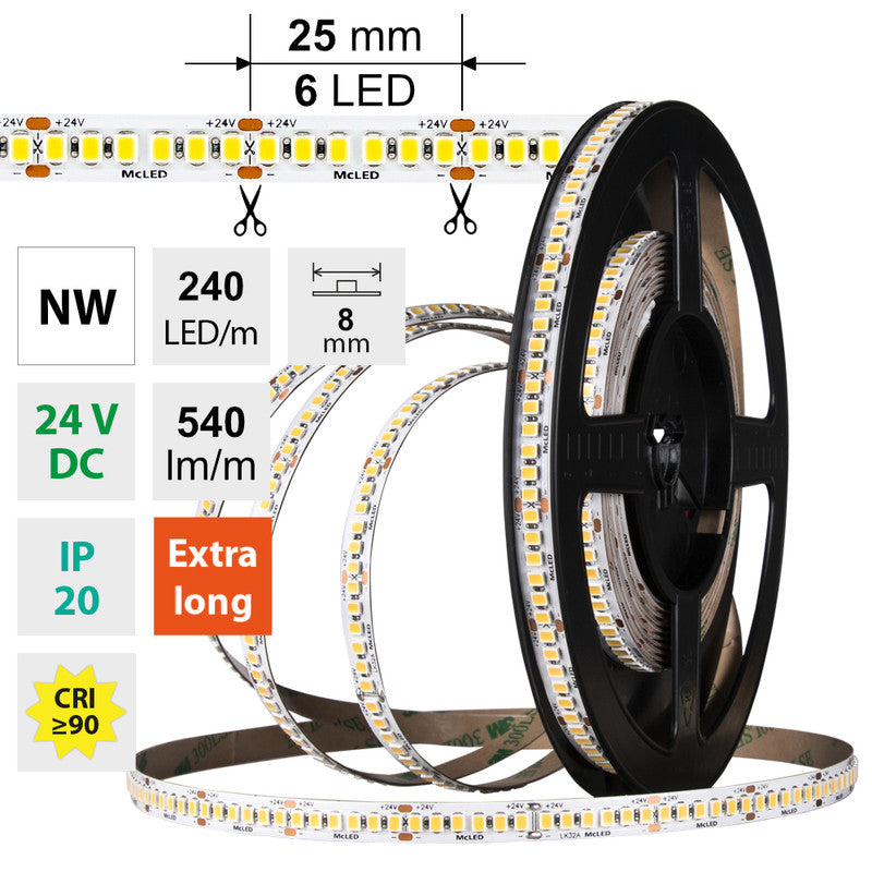 LED-Streifen in Neutralweiß mit 540 Lumen und 6 Watt je Meter bei 24 Volt, IP20