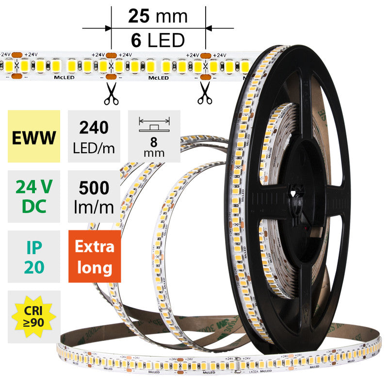 LED-Streifen in Extra Warmweiß mit 500 Lumen und 6 Watt je Meter bei 24 Volt, IP20