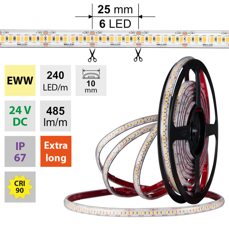 LED-Streifen in Extra Warmweiß mit 485 Lumen und 6 Watt je Meter bei 24 Volt, IP67