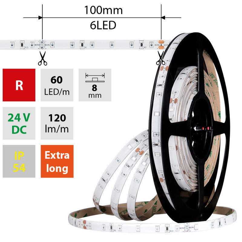 LED-Streifen in Rot mit 120 Lumen und 4,8 Watt je Meter bei 24 Volt, IP54