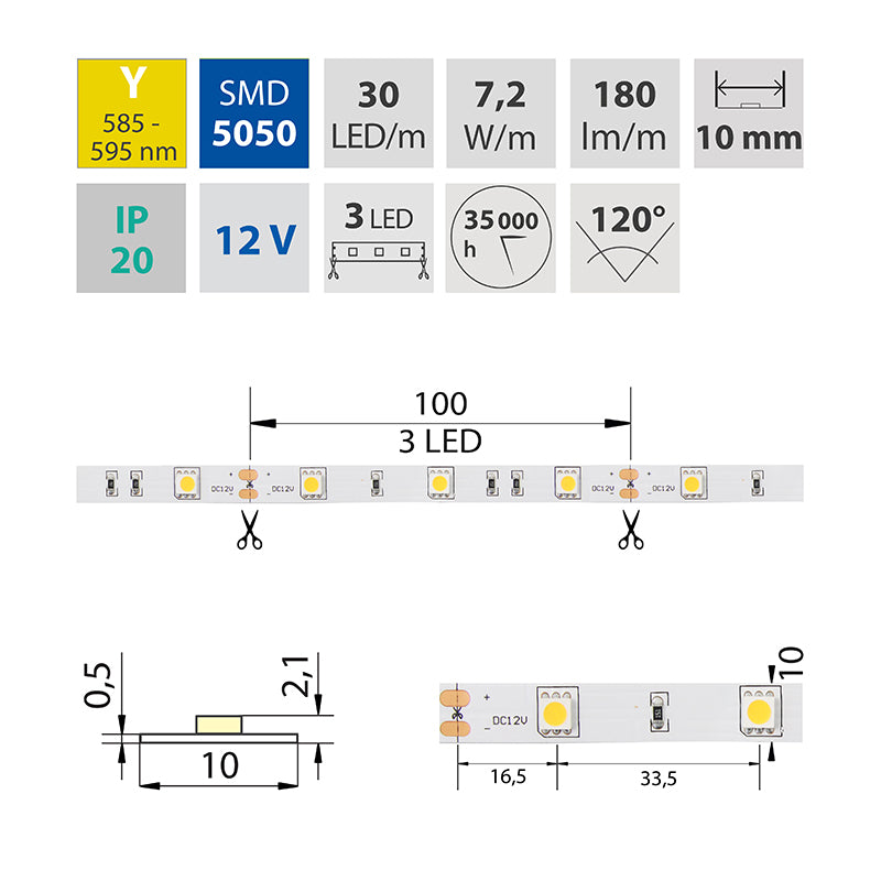 LED-Streifen in Gelb mit 180 Lumen und 7,2 Watt je Meter bei 12 Volt, IP20