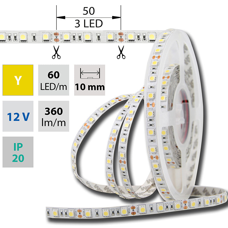 LED-Streifen in Gelb mit 360 Lumen und 14,4 Watt je Meter bei 12 Volt, IP20