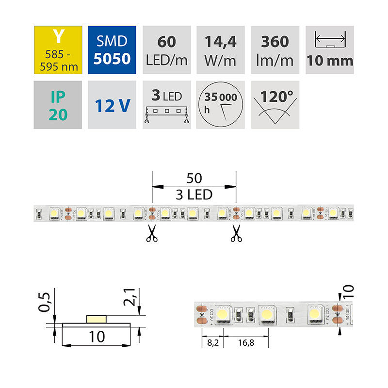 LED-Streifen in Gelb mit 360 Lumen und 14,4 Watt je Meter bei 12 Volt, IP20