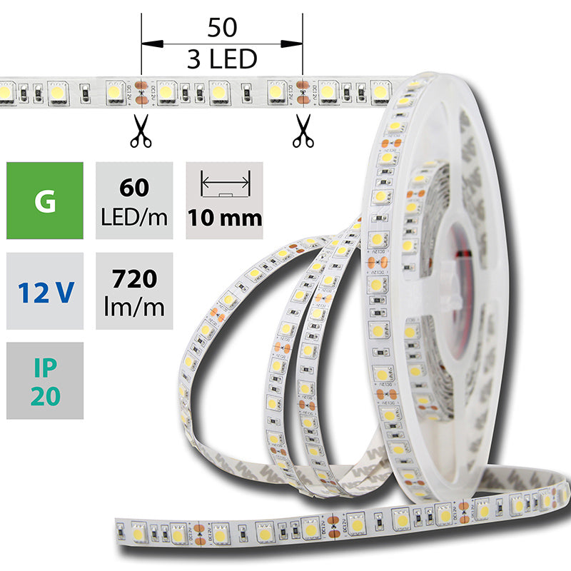 LED-Streifen in Grün mit 720 Lumen und 14,4 Watt je Meter bei 12 Volt, IP20
