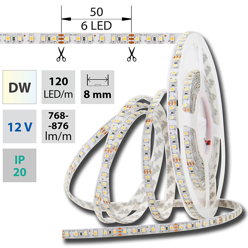 LED-Streifen Dualweiß in Extra Warmweiß und Kaltweiß mit 9,6 Watt und 720 Lumen je Meter bei 12 Volt, IP20