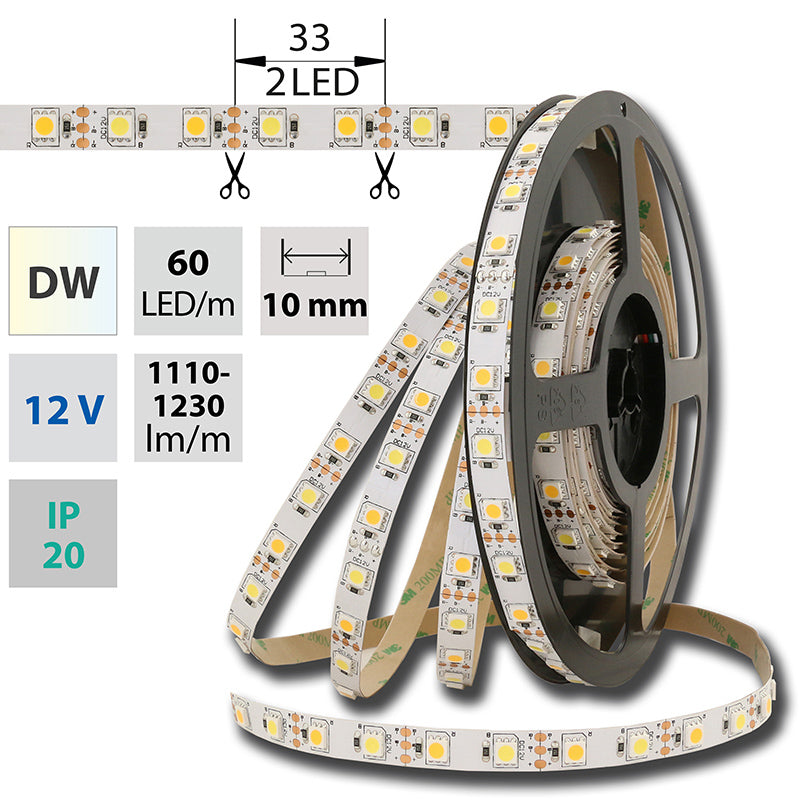 LED-Streifen Dualweiß in Watmweiß und Kaltweiß mit 14,4 Watt und 1310 Lumen je Meter bei 12 Volt, IP20