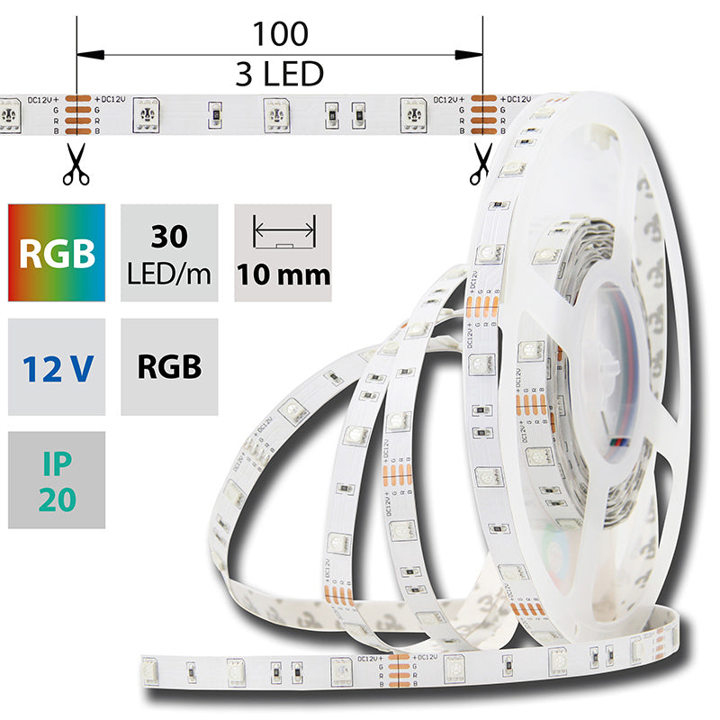 LED-Streifen RGB mit 7,2 Watt und 280 Lumen je Meter bei 12 Volt, IP20