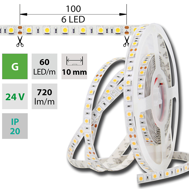 LED-Streifen in Grün mit 720 Lumen und 14,4 Watt je Meter bei 24 Volt, IP20