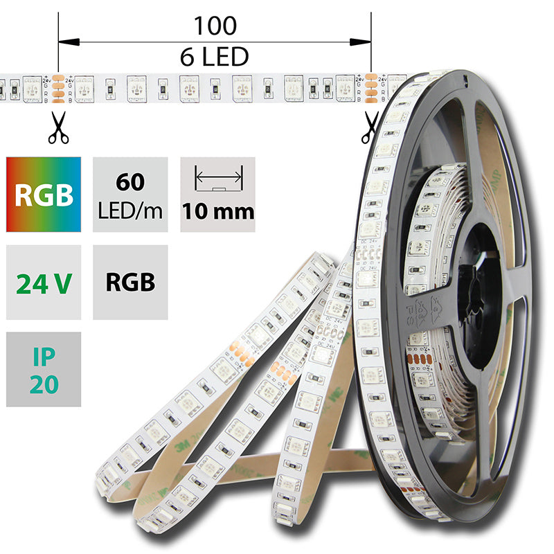 LED-Streifen RGB mit 14,4 Watt und 560 Lumen je Meter bei 24 Volt, IP20