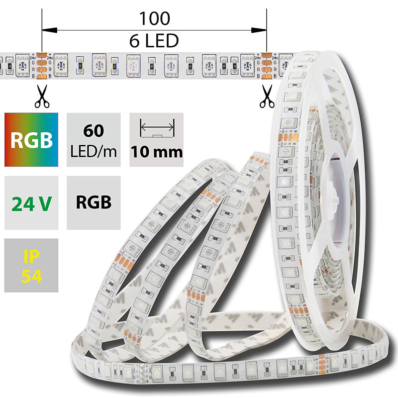 LED-Streifen RGB mit 14,4 Watt und 496 Lumen je Meter bei 24 Volt, IP54
