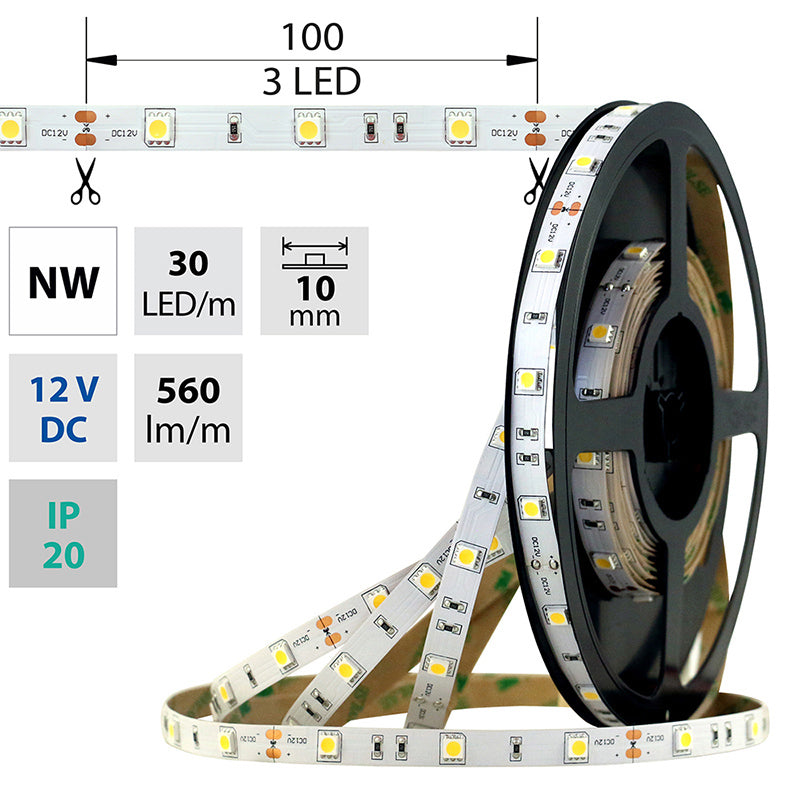 LED-Streifen in Neutralweiß mit 560 Lumen und 7,2 Watt je Meter bei 12 Volt, IP20