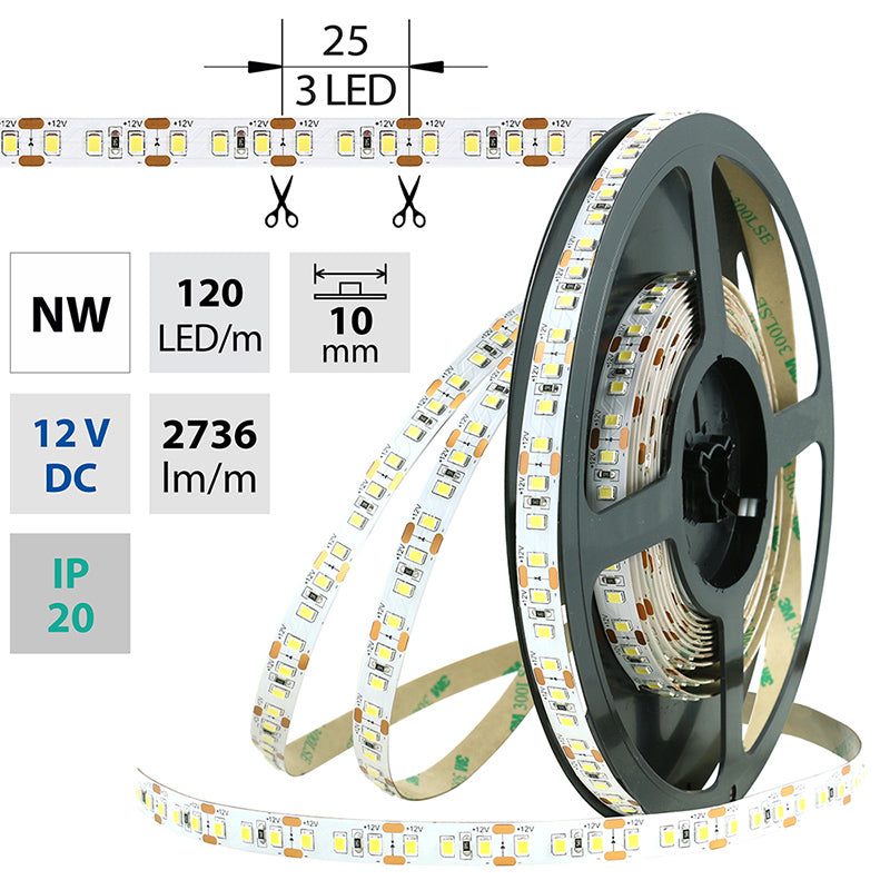 LED-Streifen in Neutralweiß mit 2736 Lumen und 28,8 Watt je Meter bei 12 Volt, IP20