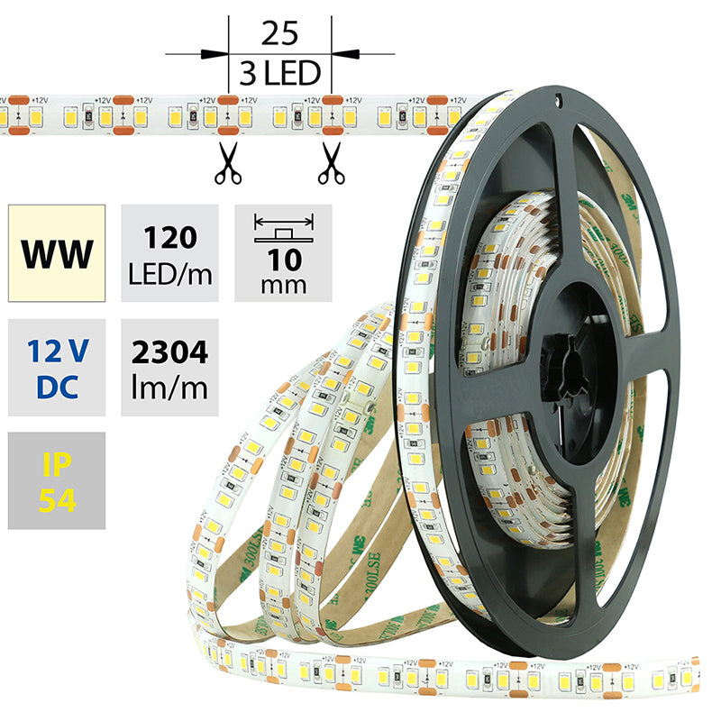 LED-Streifen in Warmweiß mit 28,8 Watt und 2304 Lumen je Meter bei 12 Volt, IP54