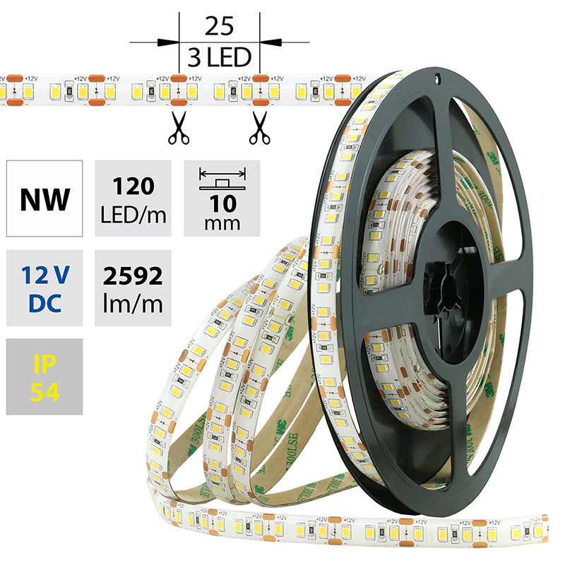 LED-Streifen in Neutralweiß mit 2592 Lumen und 28,8 Watt je Meter bei 12 Volt, IP54