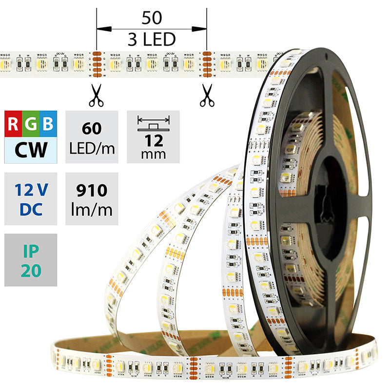 LED-Streifen RGB + Kaltweiß mit 19,2 Watt und 910 Lumen bei 12 Volt, IP20