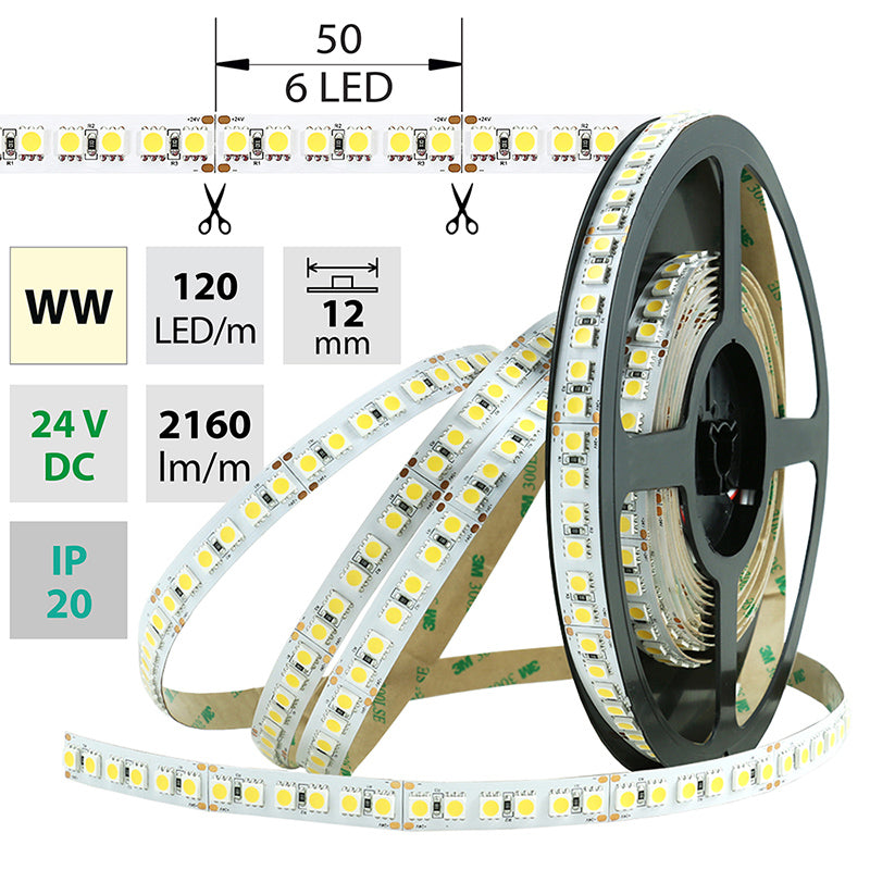 LED-Streifen in Warmweiß mit 28,8 Watt und 2160 Lumen je Meter bei 24 Volt, IP20