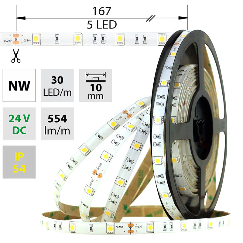 LED-Streifen in Neutralweiß mit 554 Lumen und 8,5 Watt je Meter bei 24 Volt, IP54