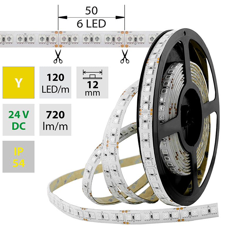 LED-Streifen in Gelb mit 720 Lumen und 28,8 Watt je Meter bei 24 Volt, IP54