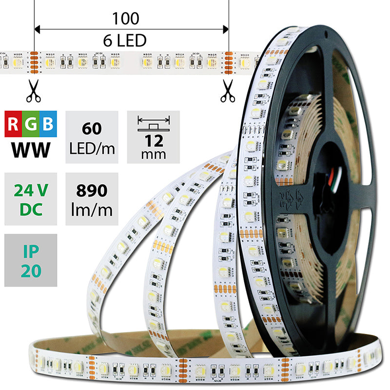 LED-Streifen RGB + Warmweiß mit 19,2 Watt und 890 Lumen je Meter bei 24 Volt, IP20