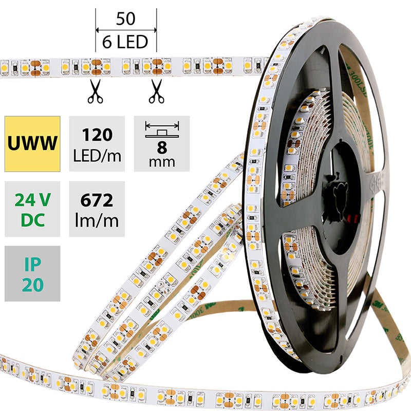 LED-Streifen in Ultra Warmweiß mit 672 Lumen und 9,6 Watt je Meter bei 24 Volt, IP20
