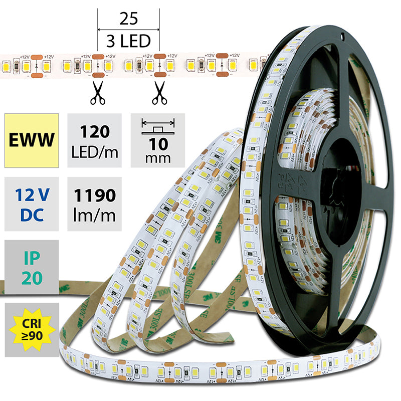 LED-Streifen in Warmweiß mit 14 Watt und 1190 Lumen je Meter bei 12 Volt, IP20