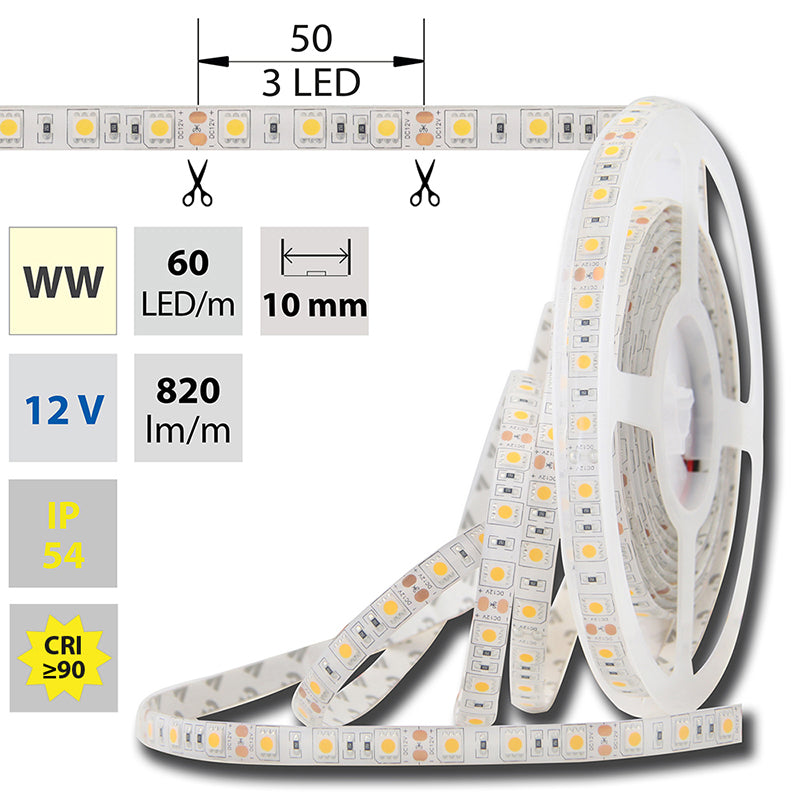 LED-Streifen in Warmweiß mit 14,4 Watt und 1036 Lumen je Meter bei 12 Volt, IP54