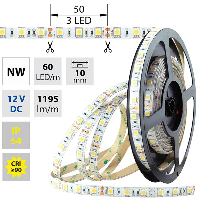 LED-Streifen in Neutralweiß mit 1195 Lumen und 14,4 Watt je Meter bei 23 Volt, IP54