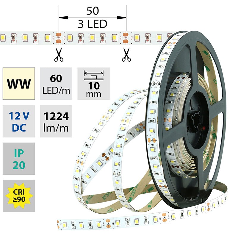 LED-Streifen in Warmweiß mit 14,4 Watt und 1224 Lumen je Meter bei 12 Volt, IP20
