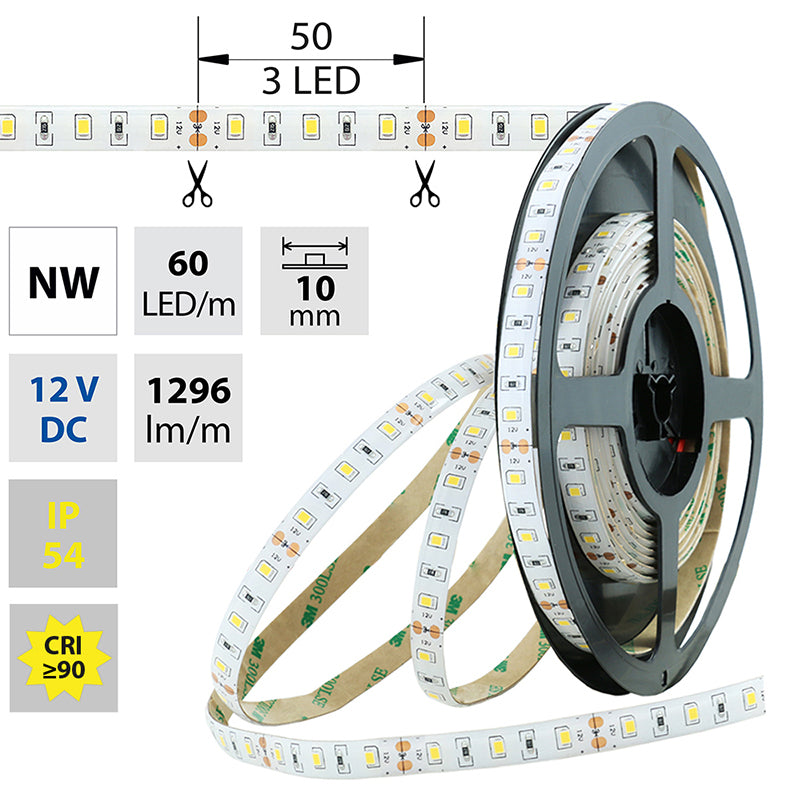 LED-Streifen in Neutralweiß mit 1296 Lumen und 14,4 Watt je Meter bei 12 Volt, IP54