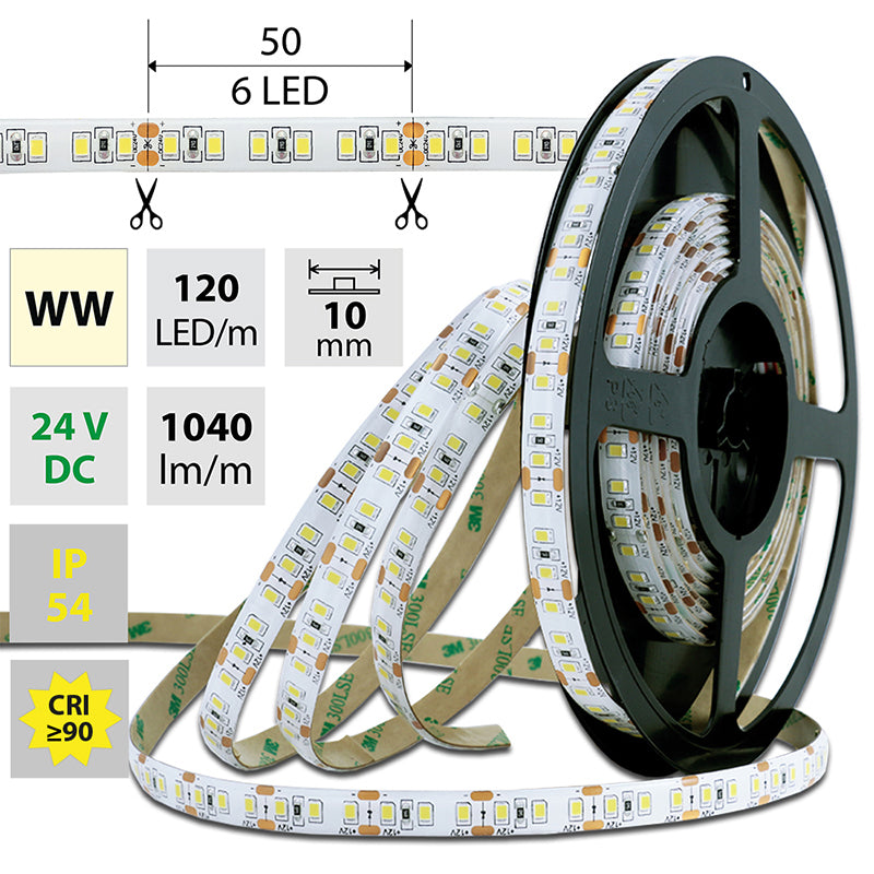LED-Streifen in Warmweiß mit 14 Watt und 1040 Lumen je Meter bei 24 Volt, IP54