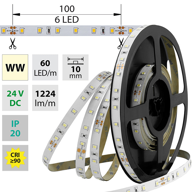 LED-Streifen in Warmweiß mit 1224 Lumen und 14,4 Watt je Meter bei 24 Volt, IP20