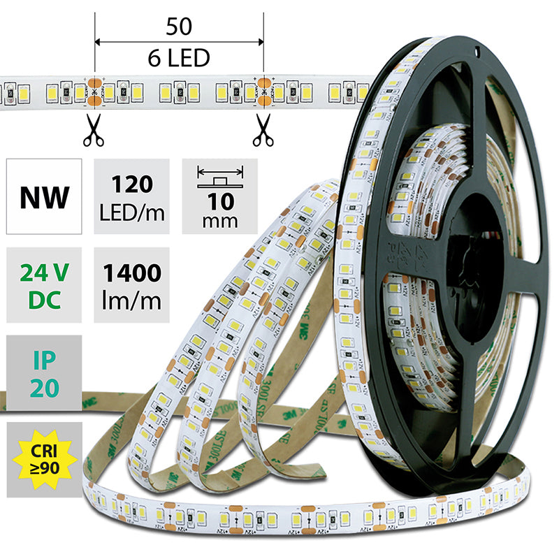 LED-Streifen in Neutralweiß mit 1400 Lumen und 14 Watt je Meter bei 24 Volt, IP20