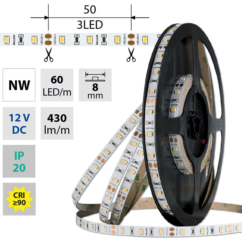 LED-Streifen in Neutralweiß mit 430 Lumen und 4,8 Watt je Meter bei 12 Volt, IP20